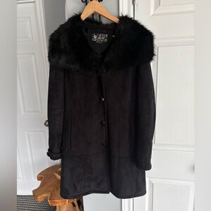 Nuage Faux Fur Collar Coat Black Faux Suede Winter Coat Lined Medium